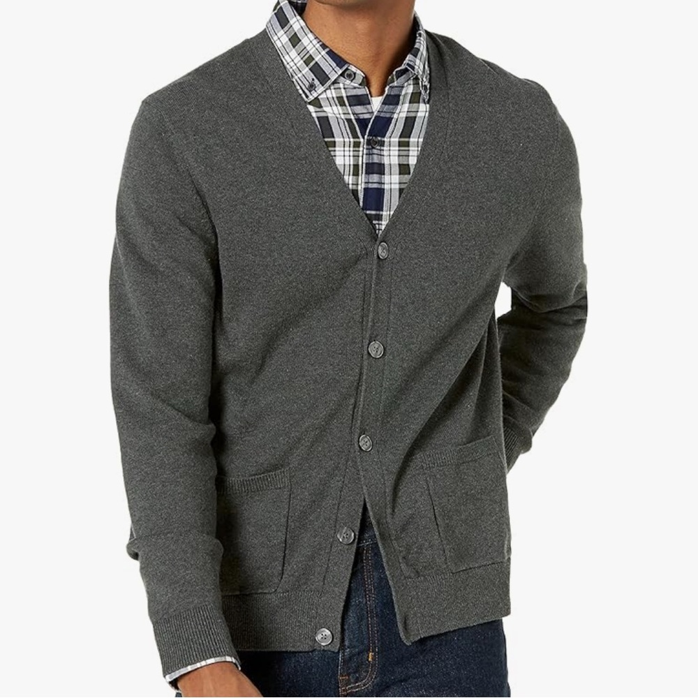 NWT. Amazon Essentials Men's Charcoal Cardigan Sweater